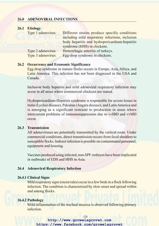 128
lack of pigment and shells have a “chalky” appearance. Failure to attain
peak production may be associated with activation of latent infection or
lateral introduction of infection at onset of sexual maturity.
26.6.2 Lesions
Examination of sacrificed, clinically unaffected birds will show regression
of the ovary. Histological changes in the oviduct occur following infection.
26.6.3 Diagnosis
Isolation of the causal virus in duck eggs or on liver cell tissue culture.
Confirmation of a diagnosis is based on demonstrating a rise in antibody
titer in paired sera applying VN or ELISA procedures.
26.6.4 Prevention
Vaccination of immature breeding and laying flocks with an inactivated
oil-emulsion vaccine is recommended before onset of production.
http://www.growelagrovet.com
https://www.facebook.com/growelagrovet
 