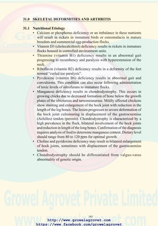 147
the hock and stifle joints. Up to 10% of the flock may be affected and
lame birds generally die from dehydration or persecution.
Pathology
Both serous arthritis and teno-synovitis are observed, especially involving
the hock and gastrocnemius tendon. The extent of the lesion progresses from
acuteinflammationtochronicfibrosis.Ruptureofthetendonoccursinsevere
cases, and may be responsible for losses in hens at onset of sexual maturity.
Diagnosis
The causal organism can be isolated from synovial (joint and tendon)
fluid.
Histopathology of affected tissues shows lymphocytic infiltration and
reticular cell proliferation. Chronic cases show fibrosis of the tendon
sheaths which can be palpated in birds which have recovered from the
infection. Retrospective serological diagnosis is based on ELISA assay of
serum from acute phase and recovered flocks.
Prevention
Breeding stock and broilers should be obtained from parent flocks
immunized against reoviral arthritis.
High levels of biosecurity including operation of all-in all-out placement
programs will prevent lateral transmission.
Breeding flocks should be immunized at approximately 4-5 days of age
with a mild attenuated reoviral arthritis vaccine administered by the
parental route. This should be followed by a second dose of less-attenuated
vaccine at approximately 30 to 40 days of age. High levels of parental
immunity for breeders is stimulated by administration of an inactivated
emulsion vaccine prior to point of lay, and if required, at mid-cycle.
31.2.3 Staphylococcal Arthritis
Etiology
Staphylococcus aureus is a primary pathogen but often occurs as an
opportunist, following reoviral arthritis or mycoplasmosis.
Occurrence and Economic Significance
The condition occurs world-wide but is a problem in specific broiler
breeder flocks subject to immune suppression or previous exposure to
reoviral arthritis.
http://www.growelagrovet.com
https://www.facebook.com/growelagrovet
 