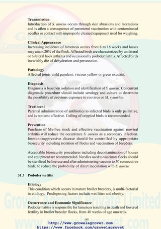 150
114. Characteristic “hock-
sitting” posture of broiler
with Mycoplasma synoviae
arthritis. (Courtesy AAAP)
115. Enlargement of the hock
joint characteristic of the
arthritis caused by reoviral
infection or Mycoplasma
synoviae. (Courtesy AAAP)
116. Serous arthritis associated
with reoviral arthritis or
Mycoplasma synoviae
infection. (Courtesy AAAP)
http://www.growelagrovet.com
https://www.facebook.com/growelagrovet
 