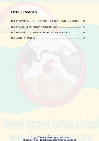 2
MANAGEMENT, NUTRITION AND BIOSECURITY
1.0 INTRODUCTION
2.0 ECONOMIC CONSIDERATIONS IN THE
PREVENTION AND CONTROL OF POULTRY
DISEASES
3.0 HEALTH AND PERFORMANCE OF POULTRY IN
HOT CLIMATES
4.0 PREVENTION OF DISEASE
5.0 VACCINATION AND MEDICATION
6.0 SPECIAL PROCEDURES RELATING TO
CONTROL OF DISEASES IN POULTRY
OPERATIONS
7.0 NUTRITION OF CHICKENS AND DIETARY
DEFICIENCIES
 