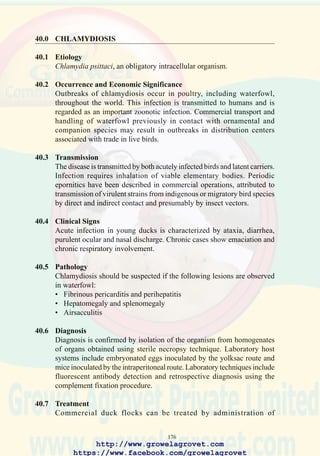 178
ANNEXURES
41.1 CONVERSION OF U.S. METRIC WEIGHTS AND
MEASURES
41.2 SCHEDULE OF THERAPEUTIC DRUGS
41.3 DIFFERENTIAL DIAGNOSES OF AVIAN
DISEASES
41.4 ABBREVIATIONS
http://www.growelagrovet.com
https://www.facebook.com/growelagrovet
 