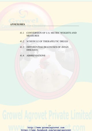 180
Conversion Factors
To convert Into Multiply by Reciprocal
multiply by
B.t.u. Calories (kg) 0.250 3.968
B.t.u. per sq. ft. Calories (kg) per m2 2.712 0.369
Cu. ft. per minute m3 per second 2118 0.0004719
Cu. ft. per minute m3 per minute 0.02832 35.31
Cu. ft. per minute m3 per hour 1.699 0.5886
Ft. per minute Metres per minute 0.3048 3.281
Ft. per second Centimetres per second 30.48 0.03281
Horsepower Force de cheval 1.0139 0.9863
Inches water column Millimetres water column 25.40 0.03937
Pounds per sq. inch kg per cm2 0.07031 14.22
Pounds per sq. ft. kg per m2 4.883 0.2048
Pounds per cu. ft. kg per cm3 16.02 0.06243
http://www.growelagrovet.com
https://www.facebook.com/growelagrovet
 