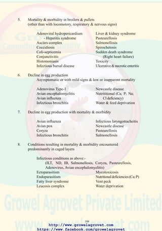 186
12. Zoonoses & food-borne infections associated with avian species
* Significant disease
c – Companion species
p – Commercial poultry
w – Wild and free-ranging species
DISEASE TYPE OR SPECIES INVOLVED
* Avian influenza p
* Chlamydiosis c, p
Tuberculosis c, p
* Salmonellosis (food-borne) c, p
* Campylobacteriosis (food-borne)
* Arboviral encephalitides
(including West Nile disease)
p
Listeriosis (food-borne) p
* Erysipelothrix infection p
Aspergillosis p
Histoplasmosis z, w
Newcastle disease c, p
Sarcosporidiosis w
Toxoplasmosis c
Tularemia z, w
http://www.growelagrovet.com
https://www.facebook.com/growelagrovet
 