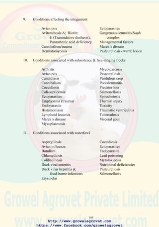 187
41.4 ABBREVIATIONS
AE Avian encephalomyelitis (epidemic tremor)
AI Avian influenza
bpm breaths per minute
DVE Duck viral enteritis
EDS Egg drop syndrome (Type 3 adenovirus infection)
ELISA Enzyme Linked Immunosorbent Assay
HHS Hydrophericardium-hepatitis syndrome
(Type 1 adenovirus infection)
HPAI highly pathogenic avian influenza
IBD Infectious bursal disease
ILT infectious laryngotracheitis
MD Marek’s disease
Mg Mycoplasma gallisepticum
Ms Mycoplasma synoviae
ND Newcastle disease
PCR Polymerase Chain Reaction
QAT Quaternary ammonium disinfectant
RT-PCR Reverse Transcriptase- Polymerase Chain Reaction
SPF specific pathogen free
VN Virus neutralization
vvIBD very virulent Infectious bursal disease
vvND velogenic viscerotropic Newcastle disease
http://www.growelagrovet.com
https://www.facebook.com/growelagrovet
 
