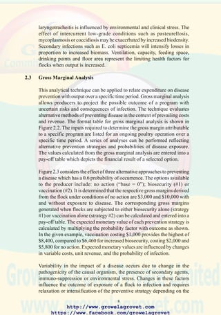 10
FIGURE 2.1 CONCEPTUAL RELATIONSHIP BETWEEN COST AND
REVENUE
FIGURE 2.2 GENERAL FORMAT FOR GROSS MARGIN ANALYSIS
(1) Value of inventory at the beginning of the period
(2) Cost of chicks/flocks purchased
(3) Variable costs (feed, management, health care)
(4) Total value at the beginning of the period plus all costs
[ (1) + (2) + (3) ]
(5) Value of flock at the end of the period
(6) Value of chickens and products sold
(7) Revenue from by-products
(8) Total value at the end of the period
[ (5) + (6) + (7) ]
(9) Gross margin
[ (8) - (4)]
http://www.growelagrovet.com
https://www.facebook.com/growelagrovet
 