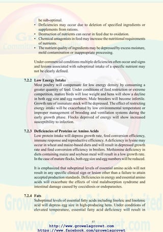 59
Diagnosis of avitaminosis A can be confirmed by microscopic
examination of the trachea and oral mucosa. The characteristic change
comprises squamous metaplasia, in which normal columnar epithelial
cells regress to multiple layers of flattened cells.
Both immature and adult flocks will show kidney degeneration and
the accumulation of urate in the ureters. In advanced cases urate deposit
on the viscera (visceral gout) is observed at postmortem examination.
• Vitamin D3 (Cholecalciferol) Deficiency
A deficiency in vitamin D3 will lead to rickets in immature flocks.
Affected birds aged 4 to 7 weeks show a disinclination to walk. Swelling
of the joints is noted together with depressed growth rate and poor
feathering. On post-mortem examination decreased skeletal density is
evident, costochondral (rib to spine) junctions are enlarged and the
end plates of the long bones are irregular due to defective mineral
deposition required for osteogenesis (bone formation). Vitamin D3
deficiency results in gross enlargement of the parathyroid glands.
Rickets can be confirmed by histological examination of the proximal
end plate of the tibia and parathyroid gland tissue.
In mature laying and breeding stock, a deficiency of vitamin D3 results
in osteomalacia characterized by decreased skeletal density. Affected
flocks show a gradual decrease in egg production and a marked
deterioration in shell quality. Ascending mortality is associated with
paresis and paralysis in caged hens which are unable to stand to feed
and drink.
• Vitamin E Deficiency
Vitamin E is required in complex biochemical functions. Three specific
conditions occur in young chickens.
Encephalomalacia occurs in chicks fed diets in which vitamin E has
been destroyed by oxidative rancidity. The presence of free radicals
will result in destruction of vitamin E both in the feed and in vivo.
Transudative diathesis occurs in chicks fed diets deficient in vitamin
E or containing free radicals. Transudative diathesis results from
degeneration of the endothelium (lining of the blood vessels) resulting
in leakage of plasma into surrounding tissues. Transudative diathesis
can be partly reversed by supplementation of diets with adequate
quantities of selenium. (0.1 to 0.3 ppm), preferably in the organic
http://www.growelagrovet.com
https://www.facebook.com/growelagrovet
 