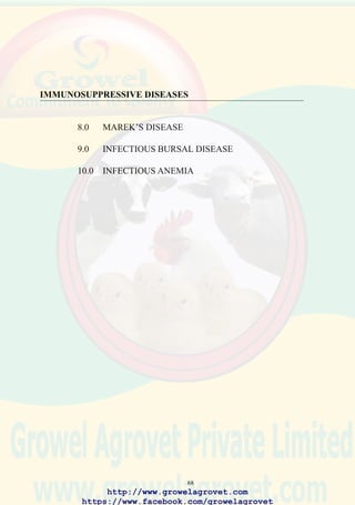 70
lymphocytic proliferation. The condition should be differentiated from
botulism and from “transient paralysis”, an emerging condition of unknown
etiology, but suspected to be an autoimmune response to vaccination in
specific strains of commercial laying hens.
The causal virus may be isolated and identified by submitting tissues to a
suitably equipped laboratory using specific tissue culture techniques.
8.7 Prevention
Vaccination of broiler embryos using in ovo administration on the 18th
day of incubation or by subcutaneous administration of vaccine to broiler,
breeder or replacement egg-strain chicks at day old.
Three types of vaccine are available:
Type 1: attenuated chicken strain (e.g. Rispen’s)
Type 2: apathogenic chicken strain (e.g. SB1)
Type 3: apathogenic turkey, strain (e.g. HVT)
Due to the interfering effect of maternal antibody on HVT it is advisable
to alternate vaccine types in successive generations. In countries where
highly pathogenic MDV occurs, parents should be vaccinated with
Rispen’s strain, allowing commercial progeny to be immunized using the
less expensive HVT strain alone or in combination with the potentiating
SB1 strain.
Cell-associated, frozen vaccines require special storage in a liquid nitrogen
canister. Careful reconstitution using the diluents supplied by the vaccine
manufacturer is necessary to maintain viability of the vaccine virus.
Improper vaccination technique may lead to defective immunization with
resulting “breaks”.
It is essential to place day old chicks in houses which have been thoroughly
decontaminated to allow vaccinated flocks to develop immunity. Rearing
farms and broiler growing units should be operated as single-age units
with all-in-all-out cycles.
http://www.growelagrovet.com
https://www.facebook.com/growelagrovet
 