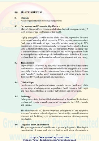 71
54. Characteristic posture of an
immature chicken in sternal
recumbency with Marek’s
disease showing alternating
extension and retraction of
legs. (Courtesy AAAP)
55. Unilateral enlargement of
nerves of the sciatic plexus
is characteristic of Marek’s
disease. (Courtesy AAAP)
http://www.growelagrovet.com
https://www.facebook.com/growelagrovet
 