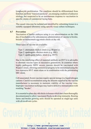 72
9.0 INFECTIOUS BURSAL DISEASE
synonyms IBD:Gumboro Disease
9.1 Etiology
Type 1 avibirnavirus strains
Type 1: Both classic and highly pathogenic (vvIBD) serotypes are
recognized. Pathogenic Delaware variants A through E
predominate in the USA and Central America. The vvIBD
strains occur frequently in the Middle East, Asia and Africa.
Type 2: Turkey strains are apathogenic to chickens.
9.2 Occurrence and Economic Significance
The disease affects immature chickens world wide.
Acute infection with classic mild or variant strains results in up to 5%
mortality. The variants are more immunosuppressive than the classic
strains. Very virulent (vvIBD) virus may kill up to 50% of susceptible
flocks.
Avibirnaviruses are immunosuppressive and predispose flocks to
intercurrent viral pathogens and secondary bacterial infection.
Infectious Bursal Disease is a major restraint to productivity and
profitability in the poultry industries of both industrialized and developing
nations.
9.3 Transmission
Direct contact of young birds with infected flocks in multi-age units results
in persistent “rolling” infection which is difficult to control. Indirect
infection with IBDV occurs within days of placing chicks as the agent
can survive in a contaminated environment for up to 3 months.
Contaminated equipment, non-pelleted feed containing inadequately heat-
treated poultry by-product meal, housing, and clothing of personnel are
frequently sources of infection.
9.4 Clinical Signs
Flocks are affected acutely and show variable morbidity (5-50%) and
rapidly ascending mortality (5-50%), depending upon the pathogenicity
of the IBDV strain and the susceptibility of the flock. Affected birds are
depressed and show recumbency, ruffled plumage and white diarrhea.
There are no characteristic signs specific to IBD.
http://www.growelagrovet.com
https://www.facebook.com/growelagrovet
 