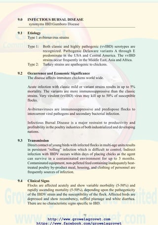 74
The age of administration of live attenuated vaccines depends on the level
of maternal antibody and the risk of infection. In areas of the world where
the very virulent (vvIBD) strain occurs, intermediate-plus (“hot”) vaccines
are administered in drinking water. Selection of the age of vaccination is
determined by applying the following formula based on the results of
ELISA serology at day old. This formula relates the initial antibody level
to the rate of decline in maternal antibody to obtain the optimal age for
vaccination.
Age of vaccination:
where 22.36 is the square root of 500 ELISA units, (the threshold of
protection) and 2.82 is the mean half life (in days) of maternal antibody.
It is necessary to maintain strict levels of biosecurity and to operate flocks
on an all-in-all-out basis in areas where severe infectious bursal disease is
endemic.
56. Acute infectious bursal
disease showing chicken
with copious white
diarrhea. (Courtesy of Dr.
P.D. Lukert, AAAP Slide
Set)
ELISA titre - 22.36 / 2.82 (+1) days
http://www.growelagrovet.com
https://www.facebook.com/growelagrovet
 