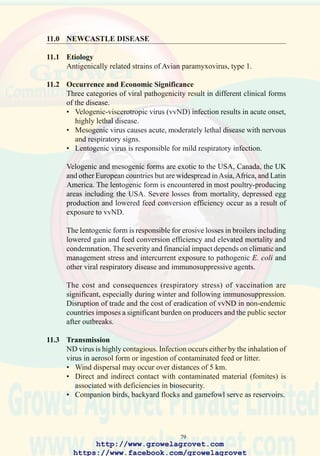 81
Retrospective serology (ELISA, hemagglutination inhibition and serum-
virus neutralization) demonstrates the presence of antibodies which
indicates exposure to ND virus and the titer (level) can differentiate
between field infection and previous vaccination.
11.7 Prevention
Vaccination. Conventional programs:
• Lentogenic infection of broilers can be prevented by day old
administration of aerosol or eye drop vaccine using Hitchner B1 with
subsequent boosters in drinking water or by the aerosol route.
• Administration of a preparation comprising live virus with
complementary antibody (Newplex®) by the in ovo route at 18-days
of incubation is protective in countries where the vaccine is available.
• Recombinant pox and HVT-vector vaccines expressing the fusion (F)
protein of NDV are available for either in ovo or subcutaneous
vaccination.
• Lentogenic infection of breeders can be prevented by 10 day
administration of Hitchner B1, by the aerosol or eye drop route.
• Subsequent vaccinations include 24 day, and 8 week Hitchner B1 or
LaSota in non-chlorinated drinking water, followed by multivalent oil
inactivated emulsion at 18-20 weeks.An optional 45 week multivalent
oil inactivated emulsion may be administered to boost maternal antibody
transfer, depending on antibody titer of the flock, risk of exposure, and
other factors relating to the operation.
• In areas with a defective cold-chain the V-strain live thermostable
mutant ND can be distributed to subsistence and backyard flocks.
A variety of vaccination programs can be followed depending on the risk
of infection, virulence of agent, management system, and economic factors.
In countries with endemic vvND, rigorous programs are implemented,
incorporating day-old subcutaneous emulsion vaccine together with
attenuated live vaccine by the eye-drop route. Hitchner or LaSota vaccine
is administered to broilers by the aerosol route at 10 day intervals thereafter.
Breeders may be immunized with mesogenic-strain vaccines in some
countries. This expedient is only justified if birds have previously received
one or more live attenuated lentogenic vaccines.
http://www.growelagrovet.com
https://www.facebook.com/growelagrovet
 