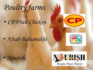 Poultry farms
• CP Fried Chicken
• Aftab Bahumukhi
• Nourish
 
