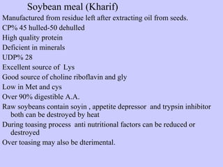 Soybean meal (Kharif)
Manufactured from residue left after extracting oil from seeds.
CP% 45 hulled-50 dehulled
High quality protein
Deficient in minerals
UDP% 28
Excellent source of Lys
Good source of choline riboflavin and gly
Low in Met and cys
Over 90% digestible A.A.
Raw soybeans contain soyin , appetite depressor and trypsin inhibitor
both can be destroyed by heat
During toasing process anti nutritional factors can be reduced or
destroyed
Over toasing may also be dterimental.
 