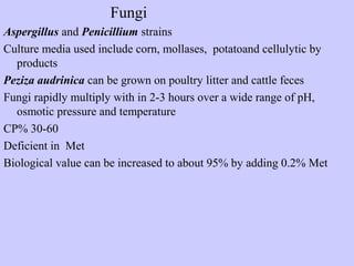 Fungi
Aspergillus and Penicillium strains
Culture media used include corn, mollases, potatoand cellulytic by
products
Peziza audrinica can be grown on poultry litter and cattle feces
Fungi rapidly multiply with in 2-3 hours over a wide range of pH,
osmotic pressure and temperature
CP% 30-60
Deficient in Met
Biological value can be increased to about 95% by adding 0.2% Met
 