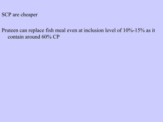SCP are cheaper
Pruteen can replace fish meal even at inclusion level of 10%-15% as it
contain around 60% CP
 