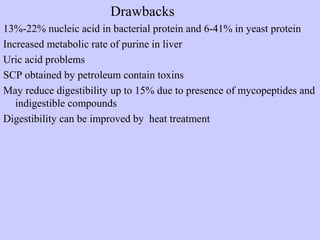 Drawbacks
13%-22% nucleic acid in bacterial protein and 6-41% in yeast protein
Increased metabolic rate of purine in liver
Uric acid problems
SCP obtained by petroleum contain toxins
May reduce digestibility up to 15% due to presence of mycopeptides and
indigestible compounds
Digestibility can be improved by heat treatment
 
