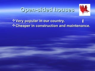 Open-sided housesOpen-sided houses
Very popular in our country.Very popular in our country.
Cheaper in construction and maintenance.Cheaper in construction and maintenance.
 
