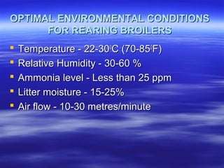 OPTIMAL ENVIRONMENTAL CONDITIONSOPTIMAL ENVIRONMENTAL CONDITIONS
FOR REARING BROILERSFOR REARING BROILERS
 Temperature - 22-30Temperature - 22-3000
C (70-85C (70-8500
F)F)
 Relative Humidity - 30-60 %Relative Humidity - 30-60 %
 Ammonia level - Less than 25 ppmAmmonia level - Less than 25 ppm
 Litter moisture - 15-25%Litter moisture - 15-25%
 Air flow - 10-30 metres/minuteAir flow - 10-30 metres/minute
 