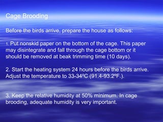 Cage Brooding
Before the birds arrive, prepare the house as follows:
1. Put nonskid paper on the bottom of the cage. This paper
may disintegrate and fall through the cage bottom or it
should be removed at beak trimming time (10 days).
2. Start the heating system 24 hours before the birds arrive.
Adjust the temperature to 33-34ºC (91.4-93.2ºF.).
3. Keep the relative humidity at 50% minimum. In cage
brooding, adequate humidity is very important.
 