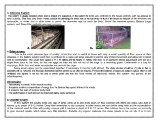 .
4. Intensive System
This system is usually adopted where land is limited and expensive. In this system the birds are confined to the house entirely, with no access to
land outside. This has only been made possible by admitting the direct rays of the sun on to the floor of the house so that part of the windows are
removable, or either fold or slide down to permit the ultraviolet rays tor each the birds. Under the intensive system, Battery (cage
system) and Deep litter methods are most common.
a. b.
a. Batterysystem.
This is the most intensive type of poultry production and is useful to those with only a small quantity of floor space at their
disposal. In the battery system each hen is confined to a cage just large enough to permit very limited movement and allow her to stand
and sit comfortably. The usual floor space is 14 x 16 inches and the height, 17 inches. The floor is of standard strong galvanized wire set at a
slope from back to the front, so that the eggs as they are laid roll out of the cage to a receiving gutter. Underneath is a tray for
droppings. Both food and water receptacles are outside the cage.
Many small cages can be assembled together; if necessary it may be multi storied. The whole structure should be of metal so that no
parasites will be harbored and thorough disinfection can be carried out as oftenas required. Provided the batteries of cages are setup ina place whichis well
ventilated and lighted, is not too hot and is vermin proof and that the food meets all nutritional needs, this system has proved to be
advantageous.
Advantages:
Remarkably successful inthe tropical countries.
It requires aminimum expenditure of energy from the birdsasthey spend all time in the shade.
The performance of eachbirdcan benoted and culling easily carriedout.
b. Deeplitter system:
In this system the poultry birds are kept in large pens up to 250 birds each, on floor covered with litters like straw, saw dust or
leaves up to depth of 8-12 inches. Deep litter resembles to dry compost. In other words, we can define deep litter, as the accumulation
of the material used for litter with poultry manure until it reaches a depth of 8 to 12 inches. The build-up has to be carried out correctly
to give desired results, which takes very little attention. Suitable dry organic materials like straw (needs to be cut into 2 or 3 inch
 