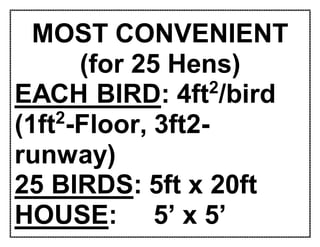 MOST CONVENIENT
(for 25 Hens)
EACH BIRD: 4ft2
/bird
(1ft2
-Floor, 3ft2-
runway)
25 BIRDS: 5ft x 20ft
HOUSE: 5’ x 5’
 