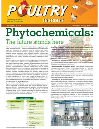 A newsletter from the house of

Volume 01

INSIGHTS

Issue 05

November - January 2013-14

Phytochemicals:
The future stands here
In these modern years, plant derived products are increasingly being sought
out as medicinal products & nutraceuticals. Herbal medicines widely used in
health-care and animal feed additives. Herbal formulations have reached
widespread acceptability as therapeutic agents for diabetics, arthritics, liver
diseases, immune stimulants, cough remedies, memory enhancers and
adoptogens. As per WHO definition, there are three kinds of herbal
medicines: raw plant material, processed plant material and medicinal herbal
products.
According to an estimate of the World Health Organization (WHO), about 80%
of the world population still uses herbs and other traditional medicines for
their primary health care needs. The use of herbal formulations has increased
remarkably in line with the global trend of people returning to natural
therapies. Supplementation of antibiotic in farm animal diets to improve
animal growth performance and efficiency of feed conversion, historically, has
been theorized as a means of establishing food animals as reservoirs for
antibiotic resistant pathogens isolated from humans. Given the rising
concerns associated with increased antibiotic resistance in bacterial
pathogens making treatment of clinical diseases more difficult, antibiotic use
in animal management in the U.S. and Europe has become more of a
controversial issue. In this context, we would like to deal about the role of
phytochemicals, it's limitation and the way to overcome those limitations.

Specifications of phytochemicals
Phytochemicals are described by primary and secondary plant compounds.
Primary compounds are main nutrients (e.g., content of protein, fat, etc.),
whereas, secondary compounds comprise alkaloids, glycoloids, essential
(ethereal) and/or volatile oils, bitterns, hot stuffs, colorants and phenolic
compounds (Wald, 2003). In general, phytochemicals do not add significantly
to the intake of main nutrients in poultry. Therefore, secondary plant
compounds are the main ingredients of interest.
Herbs and Spices
Primary ingredients

1. Increased feed intake: The stimulatory effect of phytochemicals on feed
intake is due to the claimed improvement in palatability of the diet resulting
from the enhanced flavor and odor, especially with the use of essential oils
and may be due to their anti-oxidative effects, which might contribute to
preserving the desired organoleptic qualities of the diet. This effect could be
of relevance to feed rich in fat.
2. Stimulation of digestive secretions: Stimulation of digestive secretions,
such as saliva, digestive enzymes, bile and mucus is often considered to be one
of the important actions of phytochemicals.
3. Antimicrobial and coccidiostatic activity: Phytochemicals can selectively
influence microorganisms through antimicrobial activity, or by a favorable
stimulation of the eubiosis of the micro flora. This leads to better utilization
and absorption of nutrients resulting in higher performance.
4. Antioxidant activity: Plant oils containing natural antioxidants contribute
to the improved oxidative stability of meat and meat products containing
higher levels of polyunsaturated fatty acid.
5. Stimulation of the immune system: Polysaccharides derived from many
plants play an important role in stimulating the growth of immune organs,
increasing the number and activities of many interdependent cell types such
as T, B lymphocytes, macrophages and natural killer (NK) cells, and enhancing
cellular and humoral immune response.
6. Pharmacological actions: A wide range of phytochemicals are known from
folk medicine to exert pharmacological actions within the digestive tract, such
as laxative and spasmolytic effects as well as prevention from flatulence &
pronounce precaecal absorption of glucose via direct stimulation of Na/KATPase. Another field of phytochemical actions comprises astringent and
denaturizing properties.

Secondary ingredients

E.g.,
- Protein
- Carbohydrates
- Fat

Beneficial effects of Phytochemicals as Animal Feed Supplement

Essential oils
E.g., Terpenes, Carvacrol
Bitterns
Hot stuffs
E.g., Capsaicin, Peperin
Colorants
E.g., Xanthophylls
Phenolic compounds
E.g., Chicoric acid,
Flavonoids

Composition and main ingredients of phytobiotics (Wald, 2003)

Extraction of Phytochemicals
Contd. on page 2

 