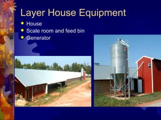 Layer House Equipment
 House
 Scale room and feed bin
 Generator
 