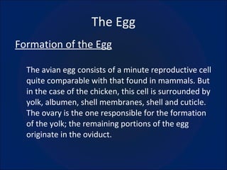 The Egg Formation of the Egg The avian egg consists of a minute reproductive cell quite comparable with that found in mammals. But in the case of the chicken, this cell is surrounded by yolk, albumen, shell membranes, shell and cuticle. The ovary is the one responsible for the formation of the yolk; the remaining portions of the egg originate in the oviduct. 