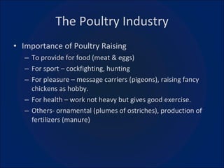 The Poultry Industry Importance of Poultry Raising To provide for food (meat & eggs) For sport – cockfighting, hunting For pleasure – message carriers (pigeons), raising fancy chickens as hobby. For health – work not heavy but gives good exercise. Others- ornamental (plumes of ostriches), production of fertilizers (manure) 