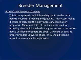 Breeder Management Brood-Grow System of Growing This is the system in which breeding stock use the same poultry house for brooding and growing. This system makes it easier to carry out the many necessary vaccination programs.  About one third of the building is used for brooding after which the birds are given access to the entire house until layer breeders are about 18 weeks of age and broiler breeders 20 weeks of age. They should then be moved to permanent laying houses. 