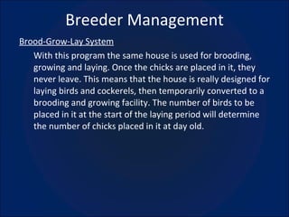 Breeder Management Brood-Grow-Lay System With this program the same house is used for brooding, growing and laying. Once the chicks are placed in it, they never leave. This means that the house is really designed for laying birds and cockerels, then temporarily converted to a brooding and growing facility. The number of birds to be placed in it at the start of the laying period will determine the number of chicks placed in it at day old.  