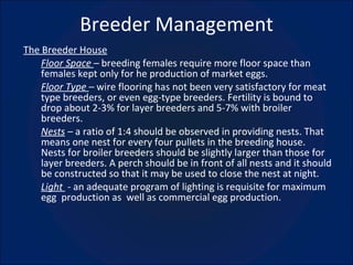 Breeder Management The Breeder House Floor Space  –  breeding females require more floor space than females kept only for he production of market eggs. Floor Type  –  wire flooring has not been very satisfactory for meat type breeders, or even egg-type breeders. Fertility is bound to drop about 2-3% for layer breeders and 5-7% with broiler breeders. Nests  –  a ratio of 1:4 should be observed in providing nests. That means one nest for every four pullets in the breeding house. Nests for broiler breeders should be slightly larger than those for layer breeders. A perch should be in front of all nests and it should be constructed so that it may be used to close the nest at night. Light  - an adequate program of lighting is requisite for maximum egg  production as  well as commercial egg production. 