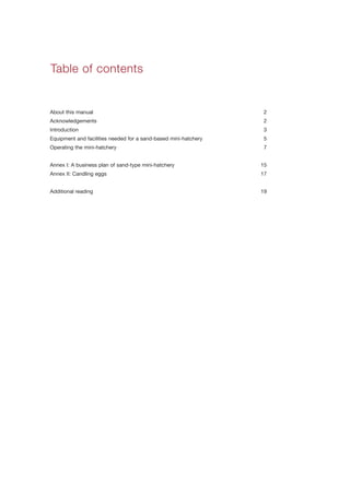 Table of contents


About this manual                                                2
Acknowledgements                                                 2
Introduction                                                     3
Equipment and facilities needed for a sand-based mini-hatchery   5
Operating the mini-hatchery                                      7


Annex I: A business plan of sand-type mini-hatchery              15
Annex II: Candling eggs                                          17


Additional reading                                               19
 