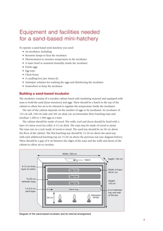 Equipment and facilities needed
for a sand-based mini-hatchery
To operate a sand-based mini-hatchery you need:
   • An incubator, including:
   • Kerosene lamps to heat the incubator
   • Thermometers to monitor temperature in the incubator
   • A water bowl to maintain humidity inside the incubator
   • Fertile eggs
   • Egg trays
   • Chick boxes
   • A candling box (see Annex II)
   • Antiseptic solution for washing the eggs and disinfecting the incubator
   • Somewhere to keep the incubator


Building a sand-based incubator
The incubator consists of a wooden cabinet lined with insulating material and equipped with
trays to hold the sand (heat retention) and eggs. There should be a hatch in the top of the
cabinet to allow hot air to be released to regulate the temperature inside the incubator.
   The size of the cabinet depends on the number of eggs to be incubated. An incubator of
135 cm tall, 230 cm wide and 105 cm deep can accommodate three hatching trays and
incubate 1,200 to 1,500 eggs at a time.
   The cabinet should be made of wood. The walls, roof and doors should be lined with a
layer of cotton wool (in rolls), 8-12 cm thick. The trays may be made of wood or metal.
The trays rest on a rack made of wood or metal. The sand tray should be set 50 cm above
the floor of the cabinet. The first hatching tray should be 15-20 cm above the sand tray,
with each additional hatching tray set 15-20 cm above the previous tray (see diagram below).
There should be a gap of 8 cm between the edges of the trays and the walls and doors of the
cabinet to allow air to circulate.


                                             Width: 230 cm

                                                                       Hatch
                                                                       Hatch                   Depth: 105 cm


  8-12 cm thick
 layer of cotton                                      Egg tray                                 Width of trays:
                                                                                               56-61 cm
                                                      Egg tray
      15-20 cm
  between trays                                                                                Height:
                                                      Egg tray                                 135 cm
                           .................................................................
                          ..................................................................
     1.5-3.0 cm           ..................................................................
                          ..................................................................
                                                     Sand tray
     sand layer            .................................................................   8 cm between
                                                                                               tray and wall
                                                                                Kerosene       of the box
                          50 cm                                                  lamps




Diagram of the sand-based incubator and its internal arrangement

                                                                                                                 5
 