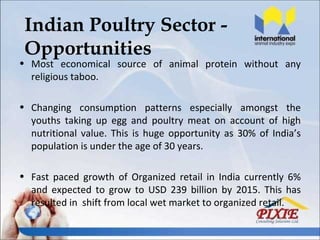 Indian Poultry Sector -
 Opportunities
• Most economical source of animal protein without any
  religious taboo.

• Changing consumption patterns especially amongst the
  youths taking up egg and poultry meat on account of high
  nutritional value. This is huge opportunity as 30% of India’s
  population is under the age of 30 years.

• Fast paced growth of Organized retail in India currently 6%
  and expected to grow to USD 239 billion by 2015. This has
  resulted in shift from local wet market to organized retail.
 