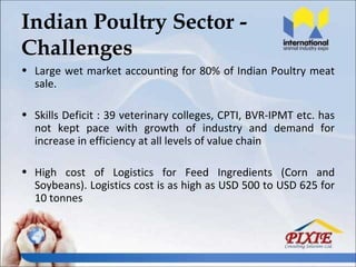 Indian Poultry Sector -
Challenges
• Large wet market accounting for 80% of Indian Poultry meat
  sale.

• Skills Deficit : 39 veterinary colleges, CPTI, BVR-IPMT etc. has
  not kept pace with growth of industry and demand for
  increase in efficiency at all levels of value chain

• High cost of Logistics for Feed Ingredients (Corn and
  Soybeans). Logistics cost is as high as USD 500 to USD 625 for
  10 tonnes
 