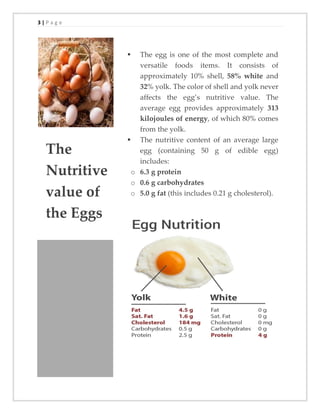 3 | P a g e
The
Nutritive
value of
the Eggs
▪ The egg is one of the most complete and
versatile foods items. It consists of
approximately 10% shell, 58% white and
32% yolk. The color of shell and yolk never
affects the egg’s nutritive value. The
average egg provides approximately 313
kilojoules of energy, of which 80% comes
from the yolk.
▪ The nutritive content of an average large
egg (containing 50 g of edible egg)
includes:
o 6.3 g protein
o 0.6 g carbohydrates
o 5.0 g fat (this includes 0.21 g cholesterol).
 