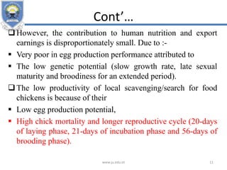 Cont’…
However, the contribution to human nutrition and export
earnings is disproportionately small. Due to :-
 Very poor in egg production performance attributed to
 The low genetic potential (slow growth rate, late sexual
maturity and broodiness for an extended period).
The low productivity of local scavenging/search for food
chickens is because of their
 Low egg production potential,
 High chick mortality and longer reproductive cycle (20-days
of laying phase, 21-days of incubation phase and 56-days of
brooding phase).
www.ju.edu.et 11
 