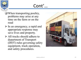 Cont’…
When transporting poultry,
problems may arise at any
time on the farm or on the
road
 In an emergency, a rapid and
appropriate response may
save lives and property.
 All trucks should adhere to
department of Transport
(DOT) rules governing safety
equipment, truck operation,
and safety procedures.
www.ju.edu.et 22
 