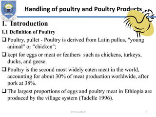 Handling of poultry and Poultry Products
1. Introduction
1.1 Definition of Poultry
Poultry, pullet - Poultry is derived from Latin pullus, "young
animal" or "chicken";
kept for eggs or meat or feathers such as chickens, turkeys,
ducks, and geese.
Poultry is the second most widely eaten meat in the world,
accounting for about 30% of meat production worldwide, after
pork at 38%.
The largest proportions of eggs and poultry meat in Ethiopia are
produced by the village system (Tadelle 1996).
www.ju.edu.et 3
 