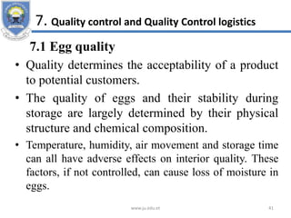7. Quality control and Quality Control logistics
7.1 Egg quality
• Quality determines the acceptability of a product
to potential customers.
• The quality of eggs and their stability during
storage are largely determined by their physical
structure and chemical composition.
• Temperature, humidity, air movement and storage time
can all have adverse effects on interior quality. These
factors, if not controlled, can cause loss of moisture in
eggs.
www.ju.edu.et 41
 