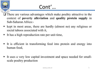 Cont’…
 There are various advantages which make poultry attractive in the
context of poverty alleviation and quality protein supply in
Sub-Saharan Africa:-
 kept in most areas, there are hardly (almost no) any religious or
social taboos associated with it,
 It has a high reproduction rate per unit time,
 It is efficient in transforming feed into protein and energy into
human food,
 It uses a very low capital investment and space needed for small-
scale poultry production
www.ju.edu.et 5
 