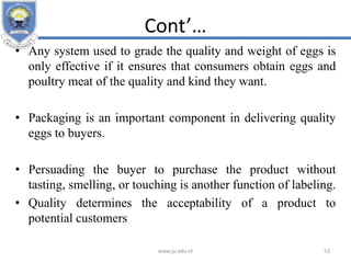 Cont’…
• Any system used to grade the quality and weight of eggs is
only effective if it ensures that consumers obtain eggs and
poultry meat of the quality and kind they want.
• Packaging is an important component in delivering quality
eggs to buyers.
• Persuading the buyer to purchase the product without
tasting, smelling, or touching is another function of labeling.
• Quality determines the acceptability of a product to
potential customers
www.ju.edu.et 53
 