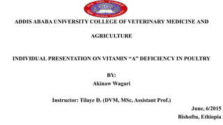 ADDIS ABABA UNIVERSITY COLLEGE OF VETERINARY MEDICINE AND
AGRICULTURE
INDIVIDUAL PRESENTATION ON VITAMIN “A” DEFICIENCY IN POULTRY
BY:
Akinaw Wagari
Instructor: Tilaye D. (DVM, MSc, Assistant Prof.)
June, 6/2015
Bishoftu, Ethiopia
 