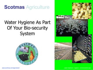 Scotmas Agriculture


   Water Hygiene As Part
    Of Your Bio-security
          System

                                   cot ma
                           S                  s


                      A                         e
                      g                        r
                               r              u
                                   i cu l t
www.scotmas.com/agriculture/                        water treatment . hygiene . environmental care
 