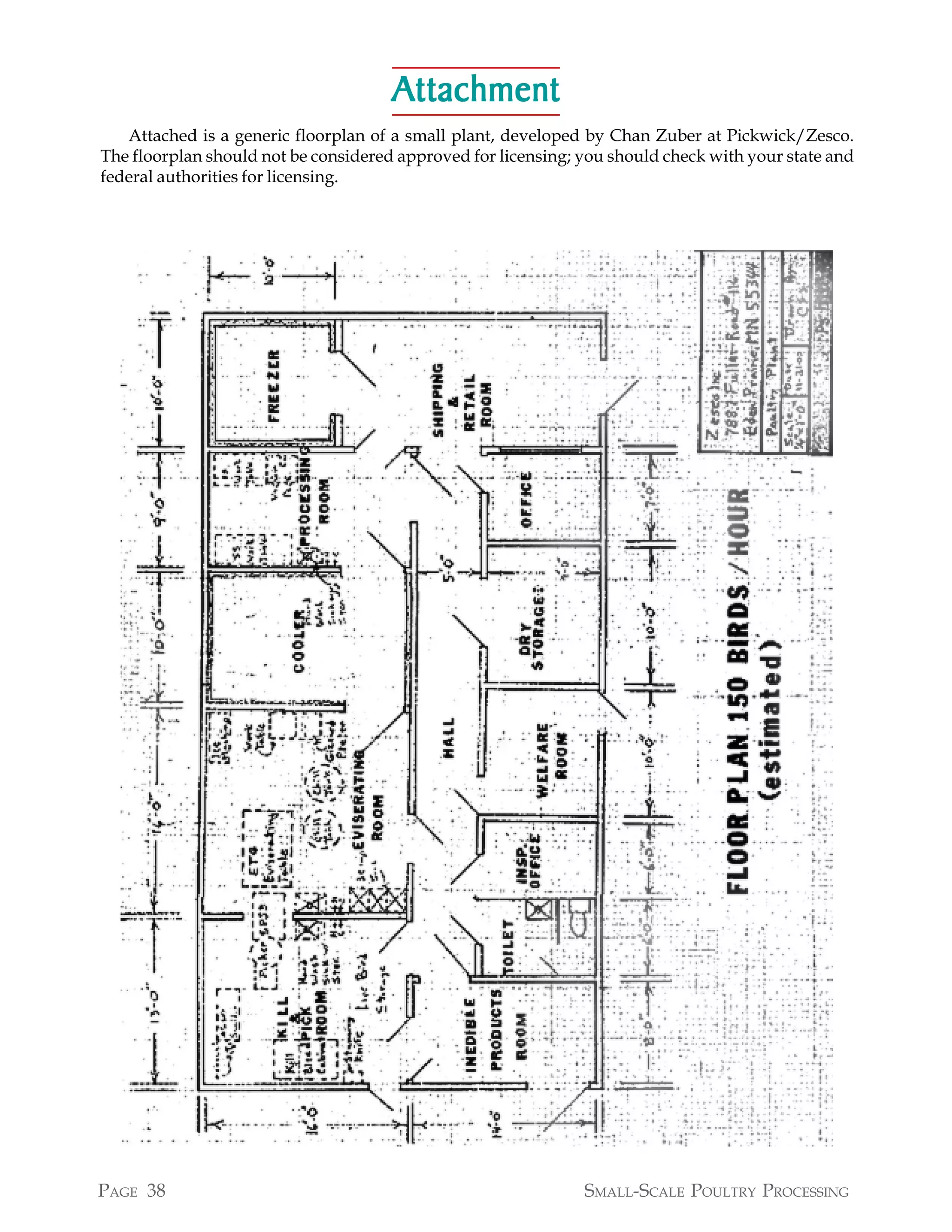 Attachment
   Attached is a generic floorplan of a small plant, developed by Chan Zuber at Pickwick/Zesco.
The floorplan should not be considered approved for licensing; you should check with your state and
federal authorities for licensing.




PAGE 38                                                        SMALL-SCALE POULTRY PROCESSING
 