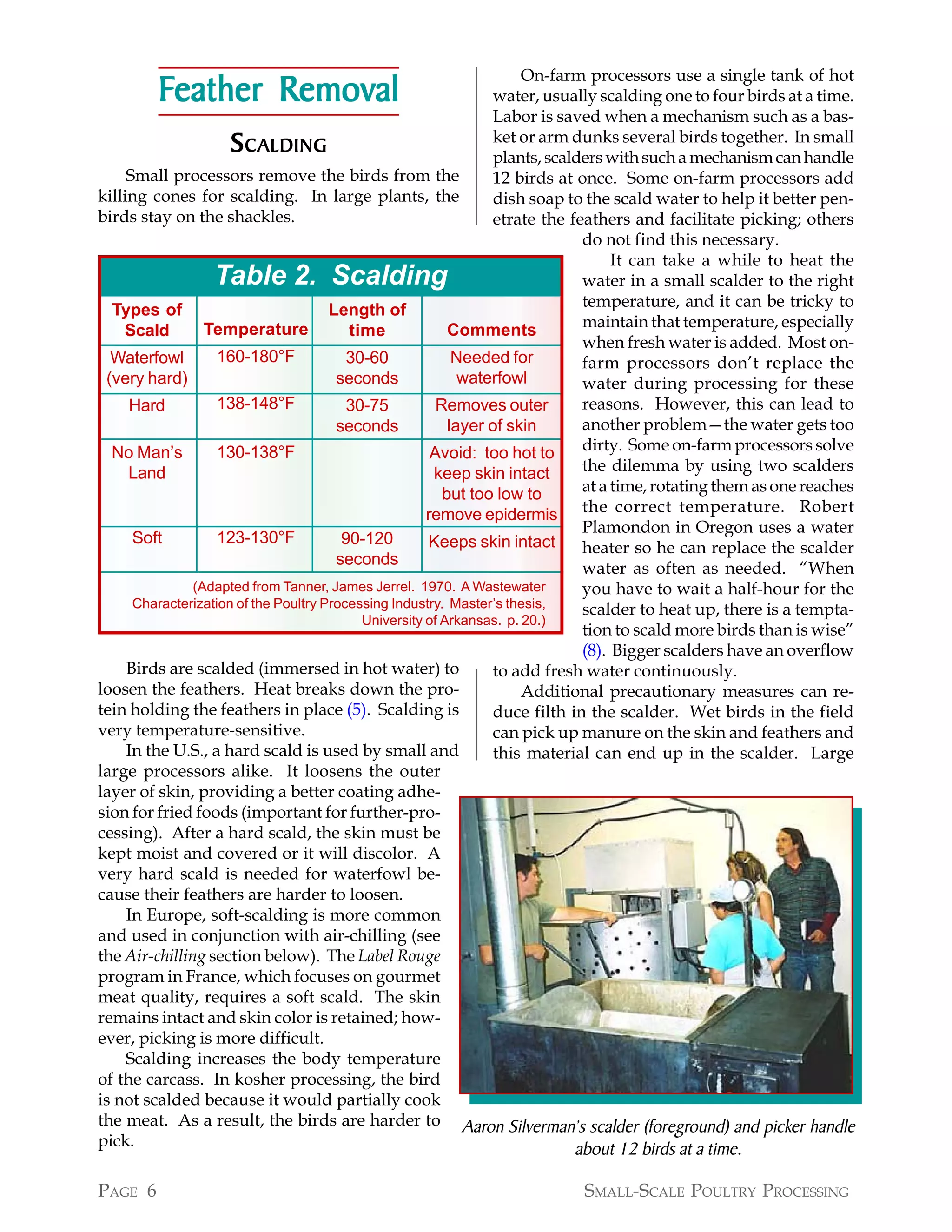 On-farm processors use a single tank of hot
         Feather Removal                                         water, usually scalding one to four birds at a time.
                                                                 Labor is saved when a mechanism such as a bas-
                    S   CALDING                                  ket or arm dunks several birds together. In small
                                                                 plants, scalders with such a mechanism can handle
     Small processors remove the birds from the                  12 birds at once. Some on-farm processors add
killing cones for scalding. In large plants, the                 dish soap to the scald water to help it better pen-
birds stay on the shackles.                                      etrate the feathers and facilitate picking; others
                                                                              do not find this necessary.
                                                                                   It can take a while to heat the
                 Table 2. Scalding                                            water in a small scalder to the right
                                                                              temperature, and it can be tricky to
  Types of                             Length of
                 Temperature                               Comments           maintain that temperature, especially
    Scald                                 time
                                                                              when fresh water is added. Most on-
  Waterfowl         160-180°F             30-60             Needed for        farm processors don’t replace the
 (very hard)                            seconds              waterfowl        water during processing for these
     Hard           138-148°F             30-75          Removes outer        reasons. However, this can lead to
                                        seconds            layer of skin      another problem—the water gets too
  No Man’s          130-138°F                           Avoid: too hot to     dirty. Some on-farm processors solve
     Land                                               keep skin intact      the dilemma by using two scalders
                                                          but too low to      at a time, rotating them as one reaches
                                                       remove epidermis the correct temperature. Robert
                                                                              Plamondon in Oregon uses a water
      Soft          123-130°F            90-120        Keeps skin intact      heater so he can replace the scalder
                                        seconds
                                                                              water as often as needed. “When
               (Adapted from Tanner, James Jerrel. 1970. A Wastewater         you have to wait a half-hour for the
      Characterization of the Poultry Processing Industry. Master’s thesis,   scalder to heat up, there is a tempta-
                                            University of Arkansas. p. 20.)
                                                                              tion to scald more birds than is wise”
                                                                              (8). Bigger scalders have an overflow
     Birds are scalded (immersed in hot water) to                to add fresh water continuously.
loosen the feathers. Heat breaks down the pro-                         Additional precautionary measures can re-
tein holding the feathers in place (5). Scalding is              duce filth in the scalder. Wet birds in the field
very temperature-sensitive.                                      can pick up manure on the skin and feathers and
     In the U.S., a hard scald is used by small and              this material can end up in the scalder. Large
large processors alike. It loosens the outer
layer of skin, providing a better coating adhe-
sion for fried foods (important for further-pro-
cessing). After a hard scald, the skin must be
kept moist and covered or it will discolor. A
very hard scald is needed for waterfowl be-
cause their feathers are harder to loosen.
     In Europe, soft-scalding is more common
and used in conjunction with air-chilling (see
the Air-chilling section below). The Label Rouge
program in France, which focuses on gourmet
meat quality, requires a soft scald. The skin
remains intact and skin color is retained; how-
ever, picking is more difficult.
     Scalding increases the body temperature
of the carcass. In kosher processing, the bird
is not scalded because it would partially cook
the meat. As a result, the birds are harder to Aaron Silverman’s scalder (foreground) and picker handle
pick.                                                                        about 12 birds at a time.

PAGE 6                                                                     SMALL-SCALE POULTRY PROCESSING
 
