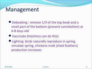05/10/2008 17mmpmm
Debeaking : remove 1/3 of the top beak and a
small part of the bottom (prevent cannibolism) at
6-8 days old
Vaccinate (hatchery can do this)
Lighting: birds naturally reproduce in spring,
simulate spring, chickens molt (shed feathers)
production increases
Management
 