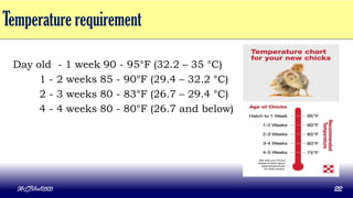 Temperature requirement
Day old - 1 week 90 - 95°F (32.2 – 35 °C)
1 - 2 weeks 85 - 90°F (29.4 – 32.2 °C)
2 - 3 weeks 80 - 83°F (26.7 – 29.4 °C)
4 - 4 weeks 80 - 80°F (26.7 and below)
MLBibat2020 22
 