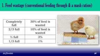 1. Feed wastage (conventional feeding through & a mash ration)
Completely
full
30% of feed is
wasted
2/3 full 10% of feed is
wasted
½ full 3%
1/3 full 1%
MLBibat2020 44
 